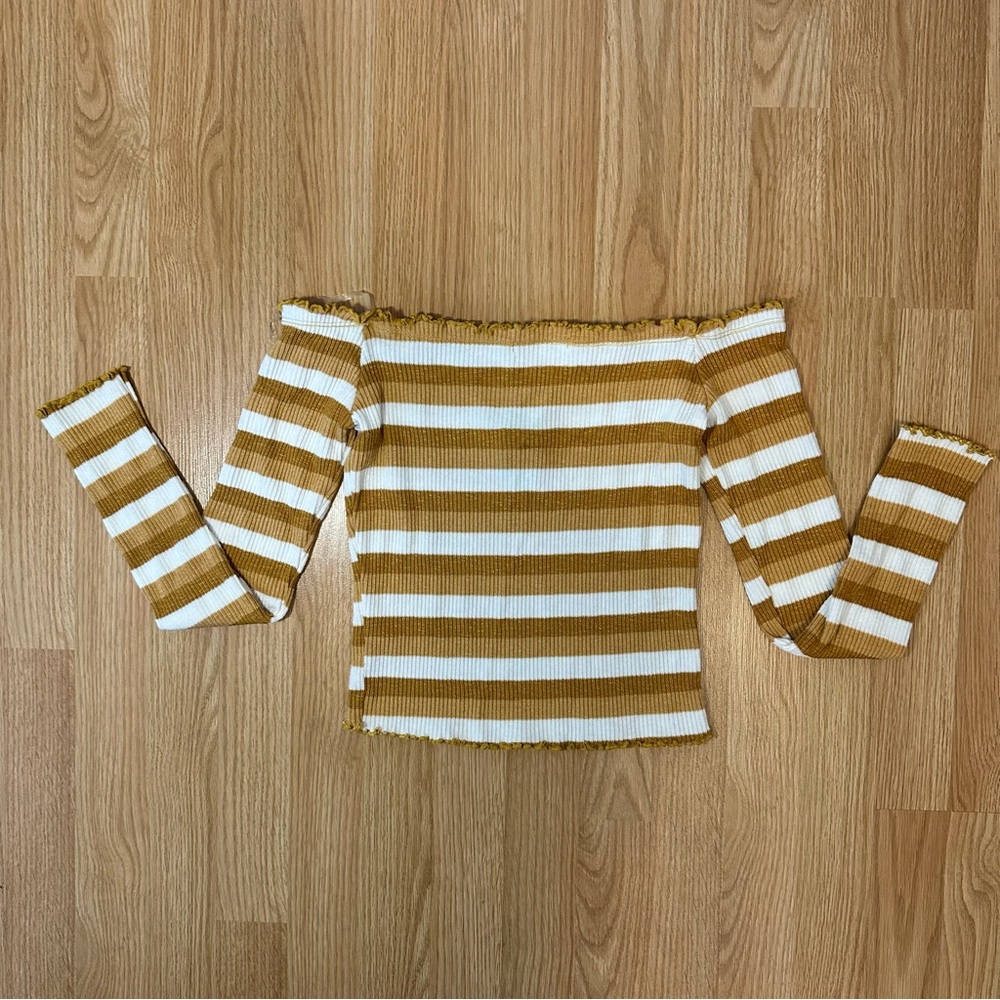NWT Striped Mustard and White Off-Shoulder Cropped Top